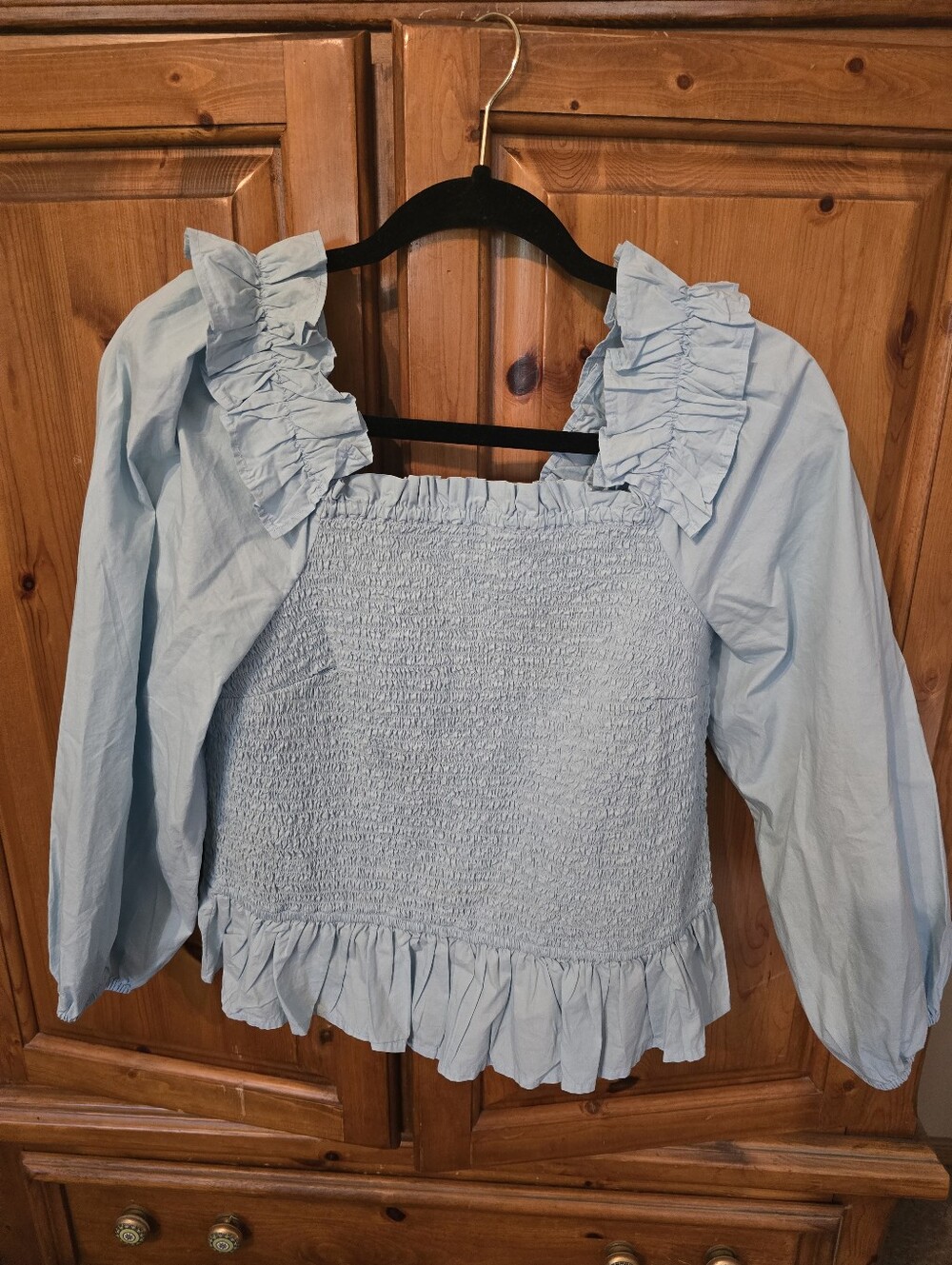 Smocked Ruffle Square-Neck Blouse in Light Blue